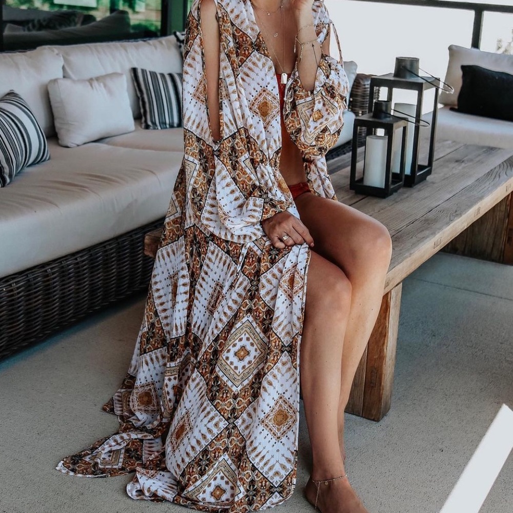 {H&M} open shoulder tie front caftan / swim coverup